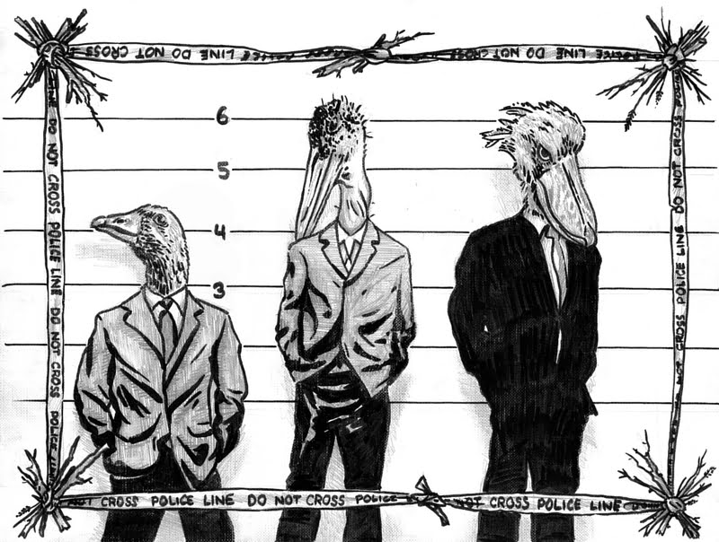 A drawing of police lineup of birds in suits